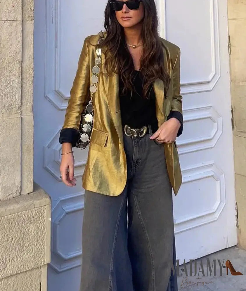Trafza Autumn New Women’s Fashion Gold Blazer Retro V Neck Party Long Sleeve Button Up Pocket