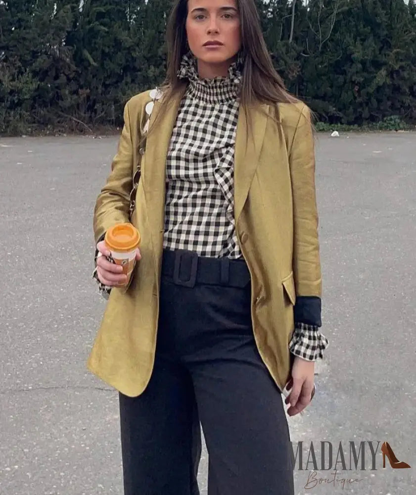Trafza Autumn New Women’s Fashion Gold Blazer Retro V Neck Party Long Sleeve Button Up Pocket