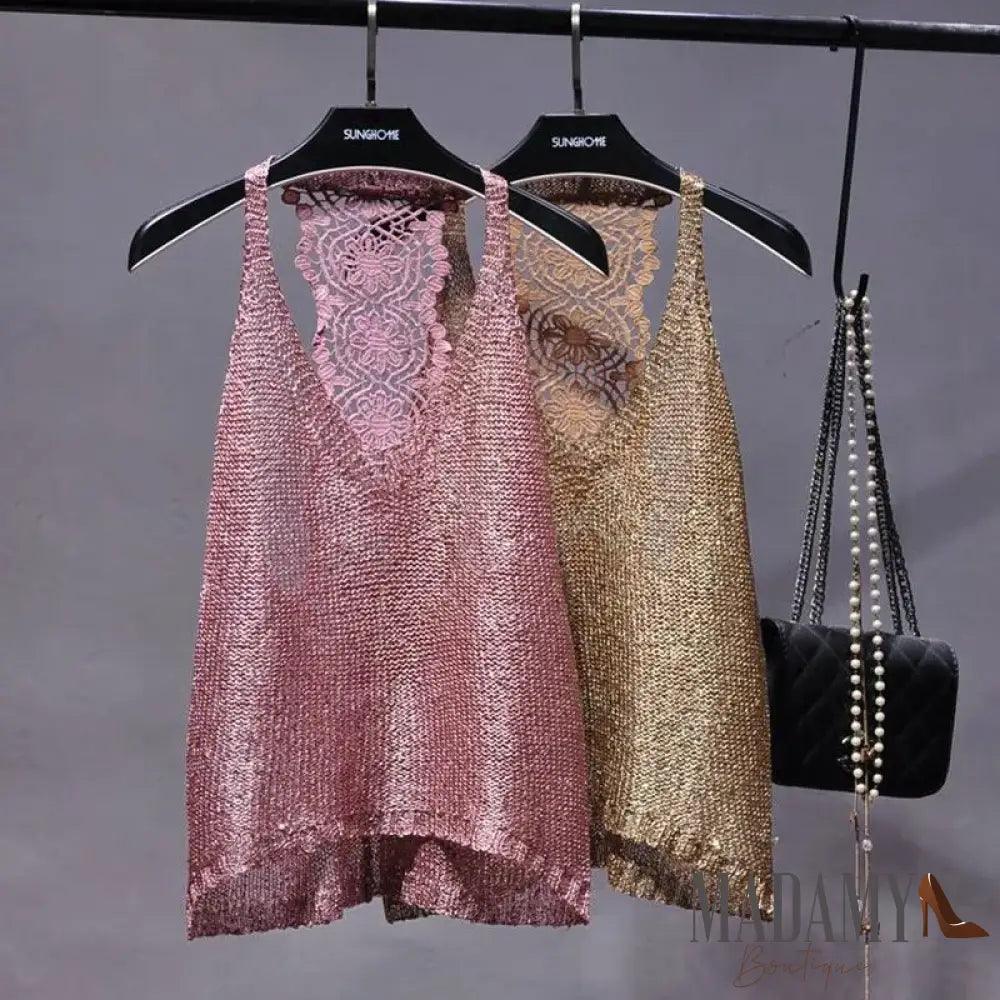 Yan Li Sexy Shoulders And Heart Leakage Hang Sequined Jacket Neck Lace Knitting Wear Outside Back