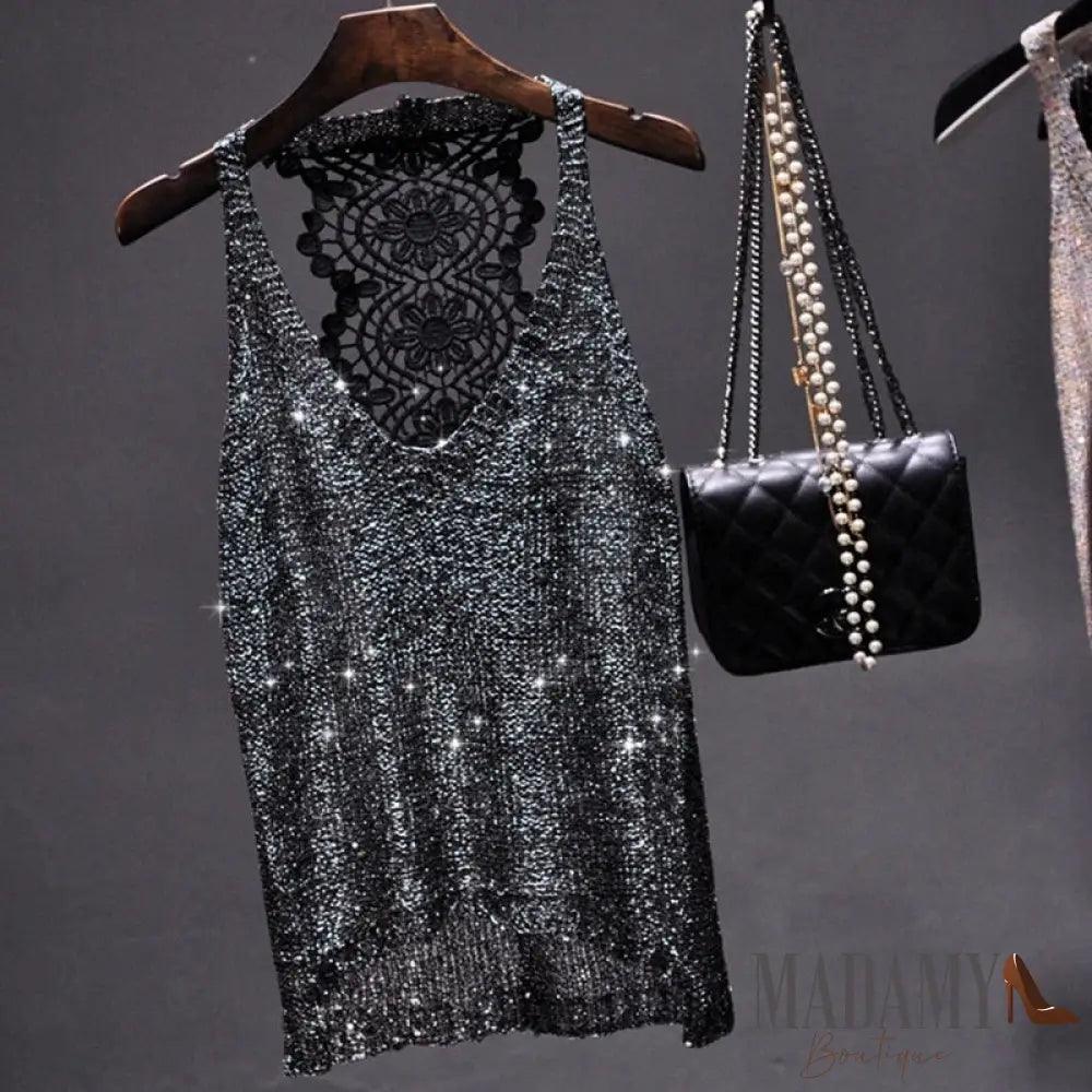 Yan Li Sexy Shoulders And Heart Leakage Hang Sequined Jacket Neck Lace Knitting Wear Outside Back