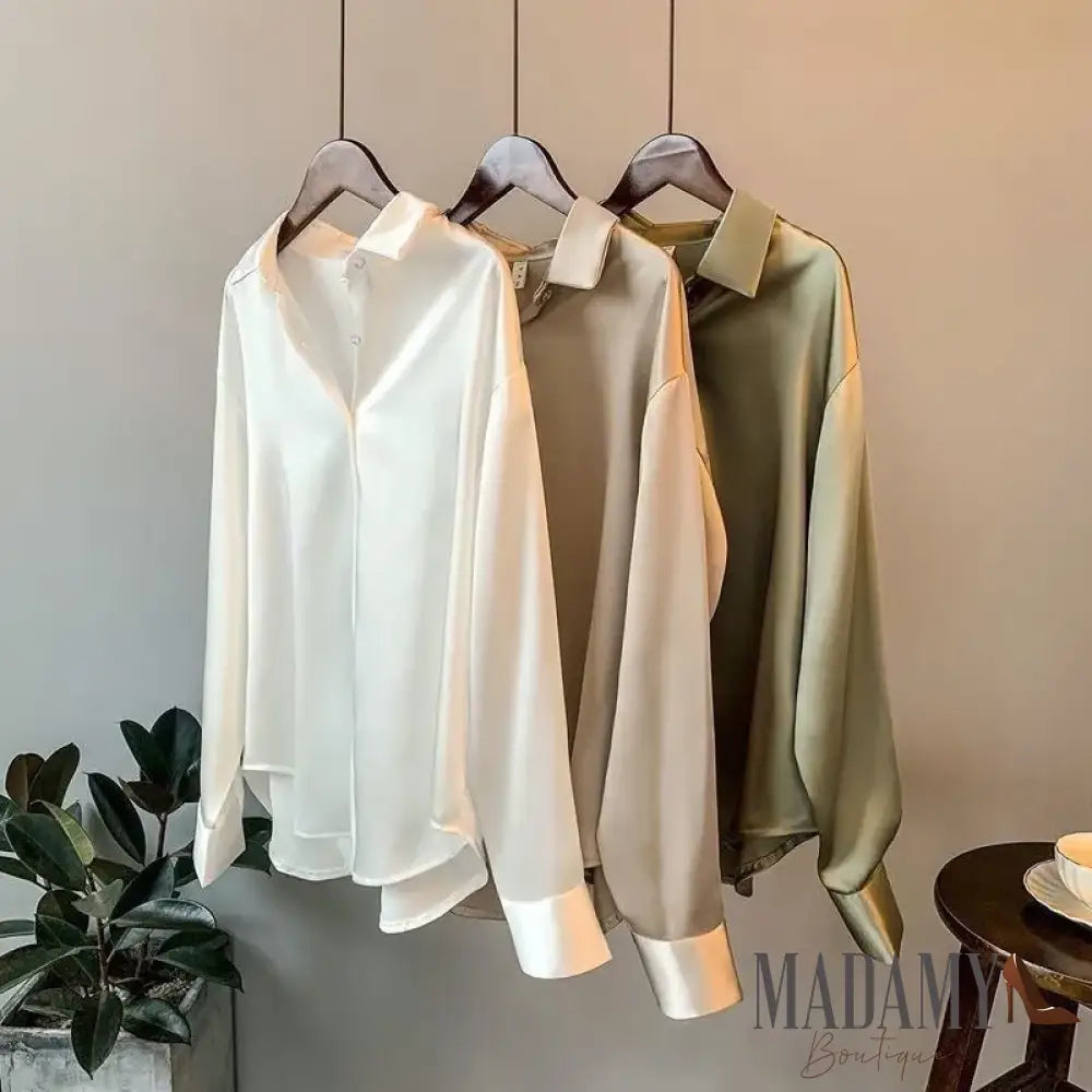 Women Autumn Shirt Vintage Satin Blouse Long Sleeve Button Down Silky Work Office Top Ladies Casual