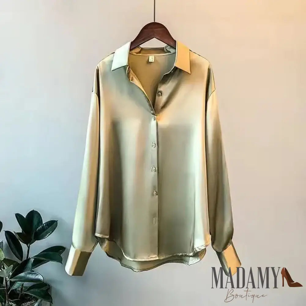 Women Autumn Shirt Vintage Satin Blouse Long Sleeve Button Down Silky Work Office Top Ladies Casual