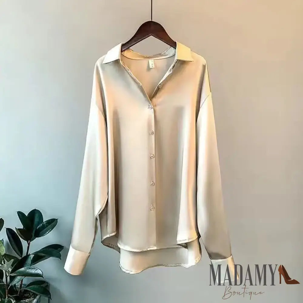 Women Autumn Shirt Vintage Satin Blouse Long Sleeve Button Down Silky Work Office Top Ladies Casual