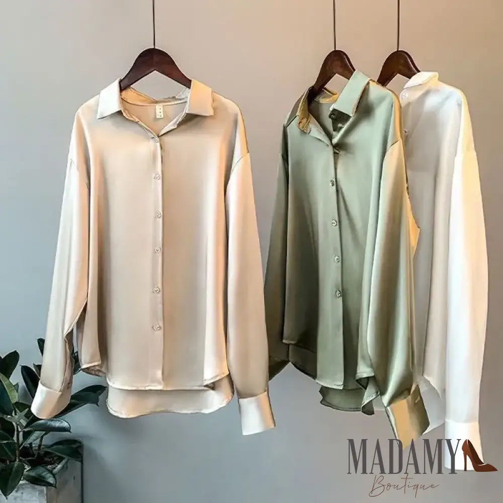 Women Autumn Shirt Vintage Satin Blouse Long Sleeve Button Down Silky Work Office Top Ladies Casual
