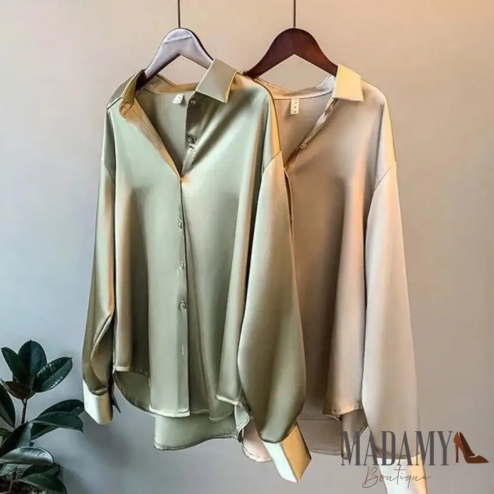 Women Autumn Shirt Vintage Satin Blouse Long Sleeve Button Down Silky Work Office Top Ladies Casual