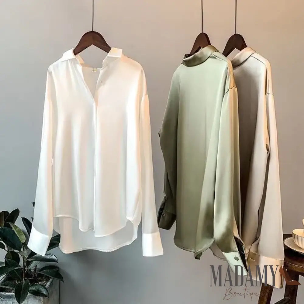 Women Autumn Shirt Vintage Satin Blouse Long Sleeve Button Down Silky Work Office Top Ladies Casual