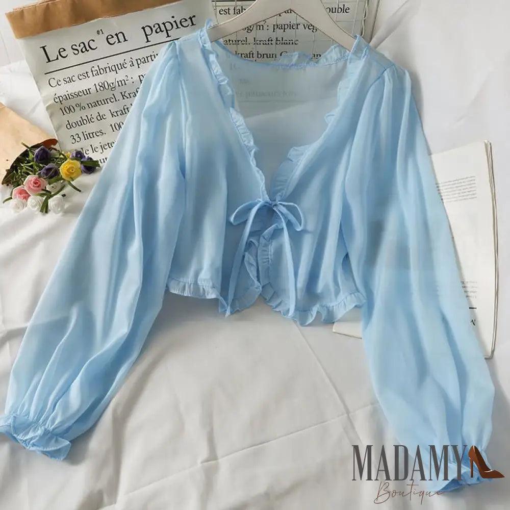 Long Sleeve Thin Breathable T-Shirts Women Lace Bow Cardigan Blouse Clothing Ruffles Sun-Protection