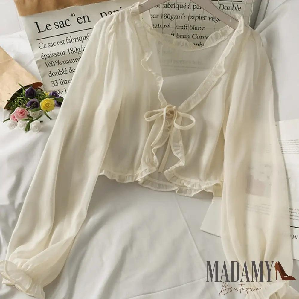 Long Sleeve Thin Breathable T-Shirts Women Lace Bow Cardigan Blouse Clothing Ruffles Sun-Protection