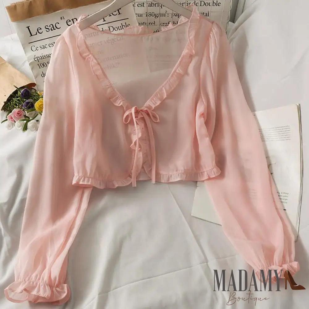 Long Sleeve Thin Breathable T-Shirts Women Lace Bow Cardigan Blouse Clothing Ruffles Sun-Protection