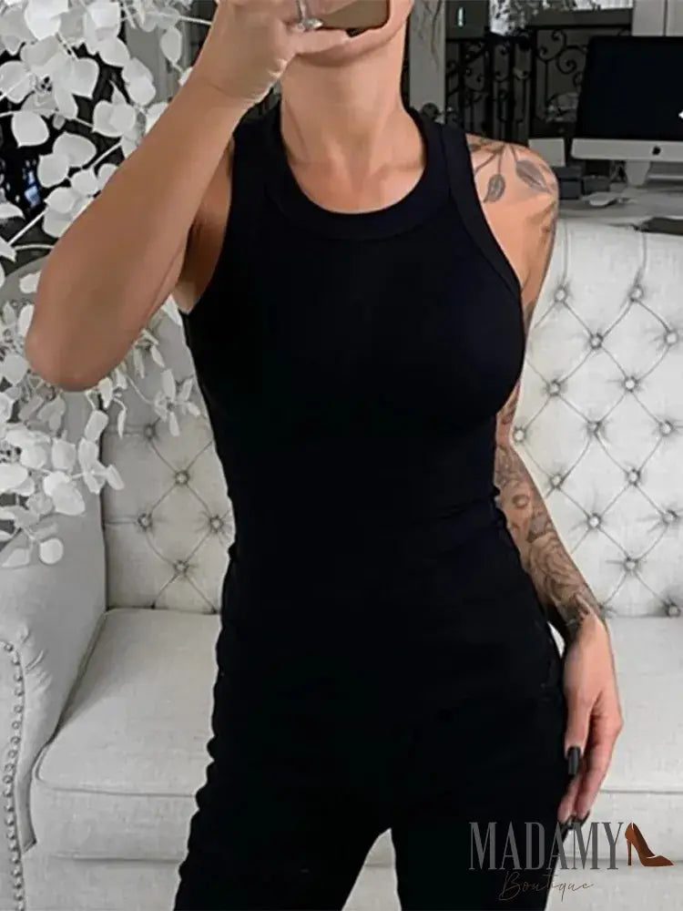 Women Solid Round Neck Ribbed Tank Top Camisole Summer Basic Elastic O