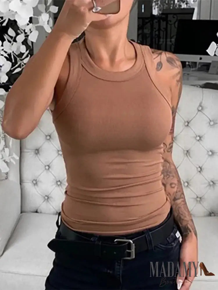 Women Solid Round Neck Ribbed Tank Top Camisole Summer Basic Elastic O