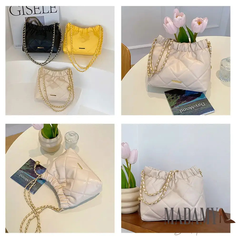 Fashion Pleated Design Plaid Pu Crossbody Bags For Women Casual Chain Strap Bucket Shoulder Bag For Commuting & Gift