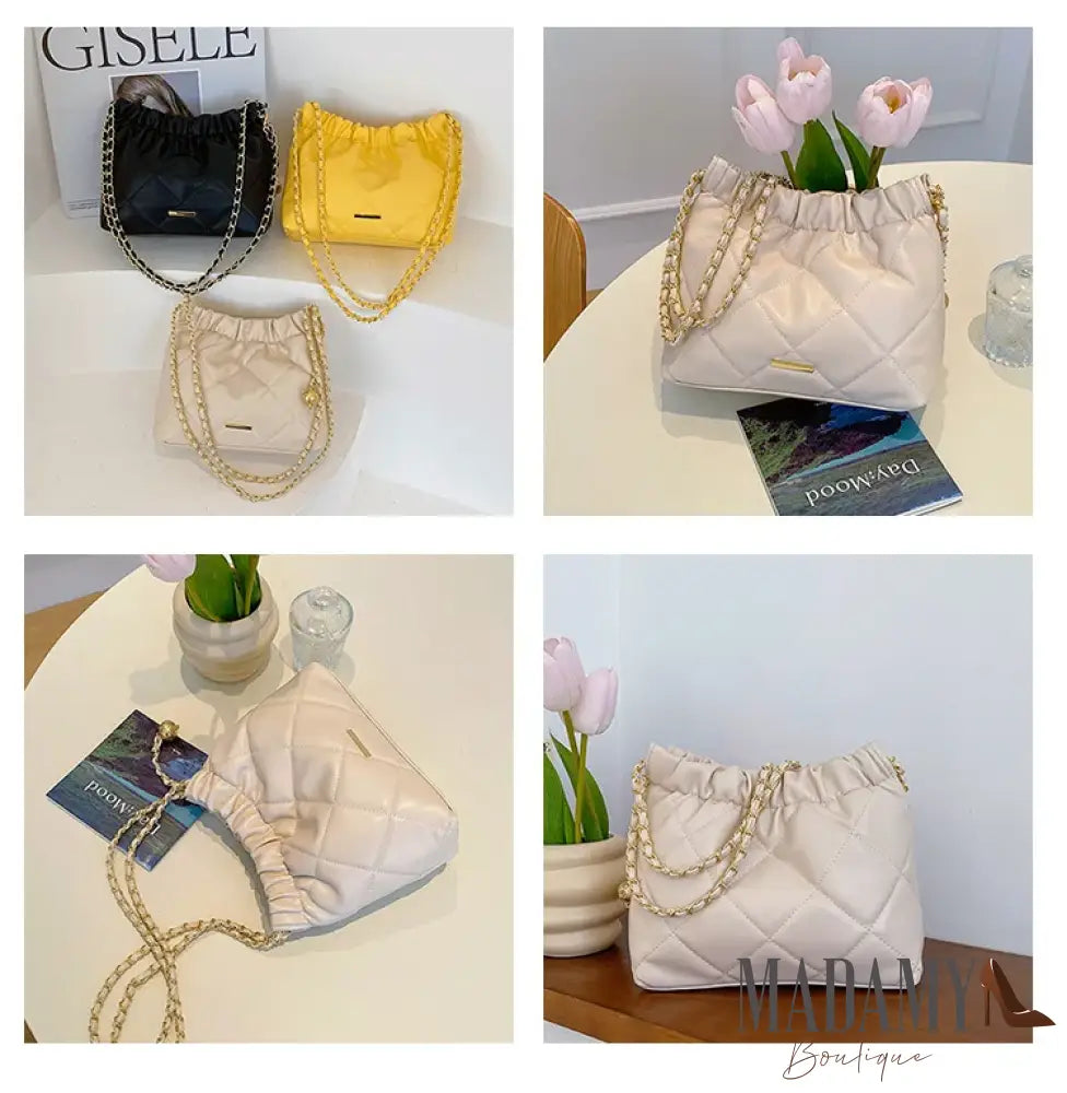 Fashion Pleated Design Plaid Pu Crossbody Bags For Women Casual Chain Strap Bucket Shoulder Bag For Commuting & Gift