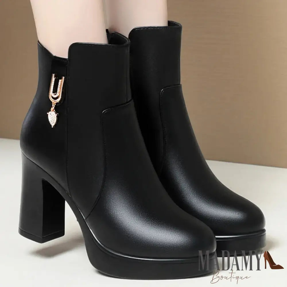 Autumn Winter Women Platform Shoes Warm Fleece Waterproof Short Leather Boots Luxury Black Super