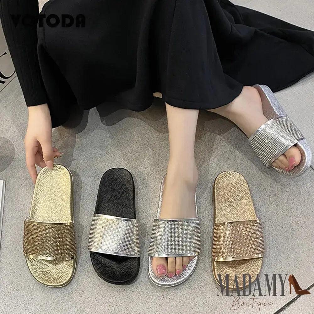 Fashion Rhinestone Slippers Women Bling Diamond Slipper Cozy Flip Flop Beach Sandals Casual Flat