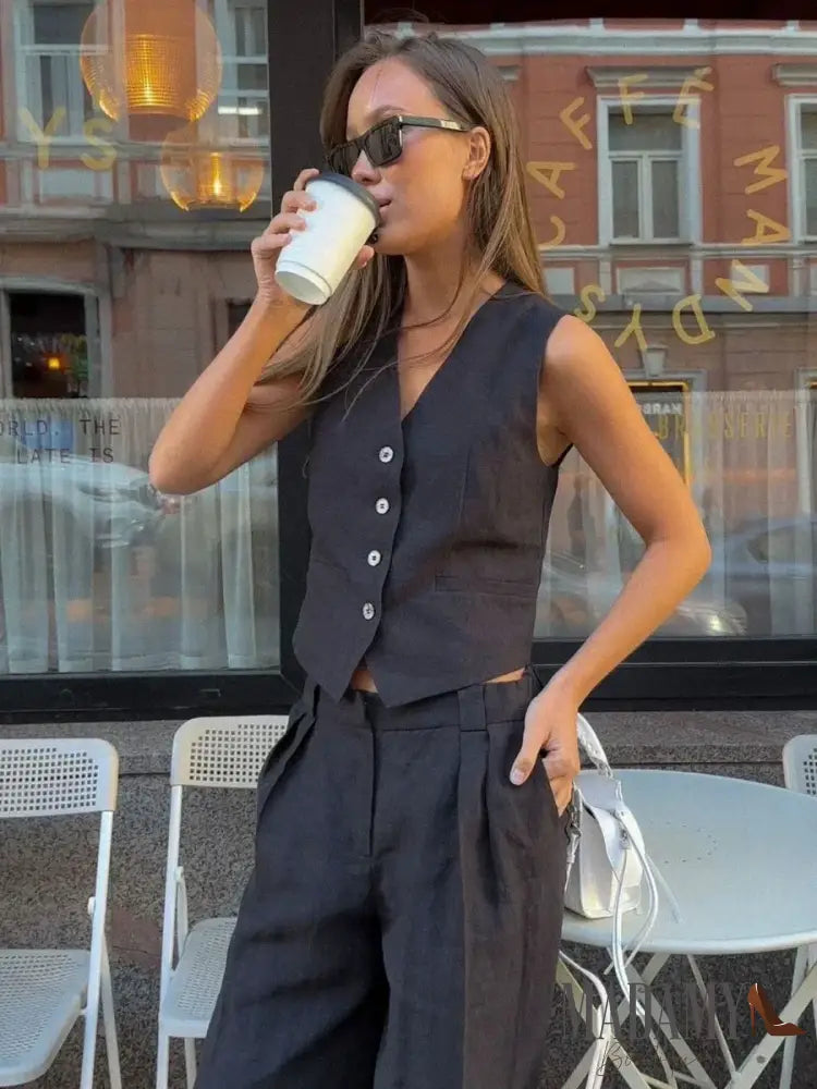 Wolfeel Womem Linen Cotton Chic Vest ＆ Pants Suit Two-Piece Set Office Ladies Summer 2 Piece Sets