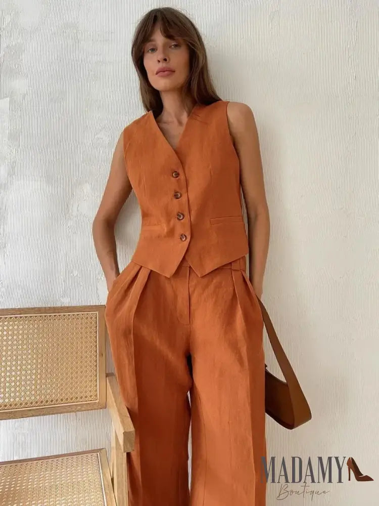 Wolfeel Womem Linen Cotton Chic Vest ＆ Pants Suit Two-Piece Set Office Ladies Summer 2 Piece Sets