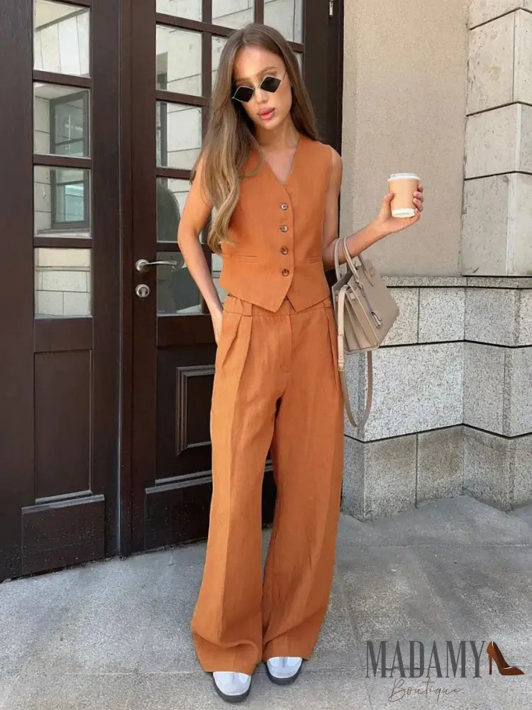 Wolfeel Womem Linen Cotton Chic Vest ＆ Pants Suit Two-Piece Set Office Ladies Summer 2 Piece Sets