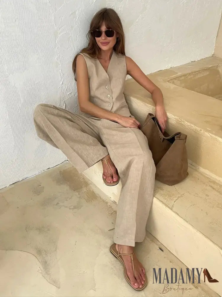 Wolfeel Womem Linen Cotton Chic Vest ＆ Pants Suit Two-Piece Set Office Ladies Summer 2 Piece Sets