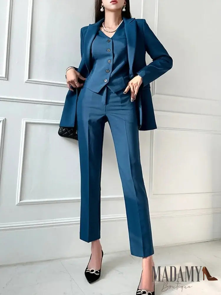 Fashion Korean Women Blazer 3 Pcs Elegant Long Sleeve Suit Jackets Vest And Straight Pants Female