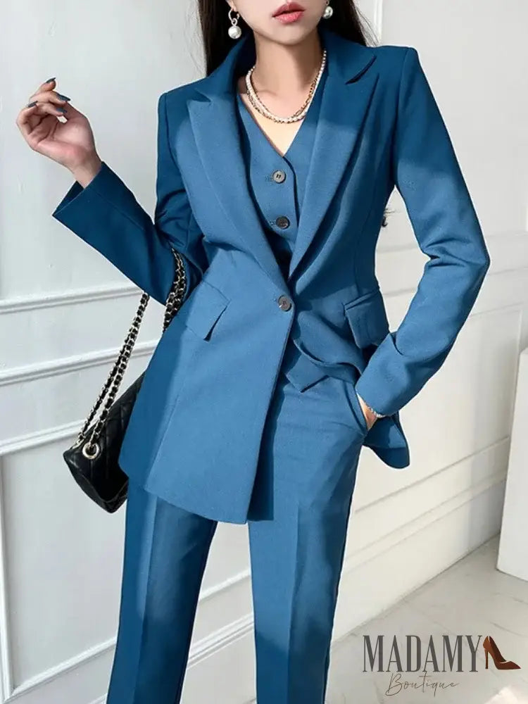Fashion Korean Women Blazer 3 Pcs Elegant Long Sleeve Suit Jackets Vest And Straight Pants Female