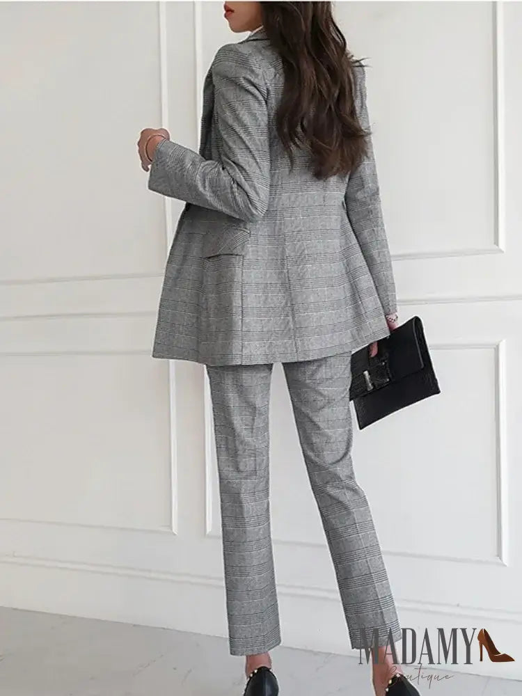 Women Elegant Formal Business Blazer 3 Pieces Suit Office Work Plaid Jacket Vest Pantsuit Korean