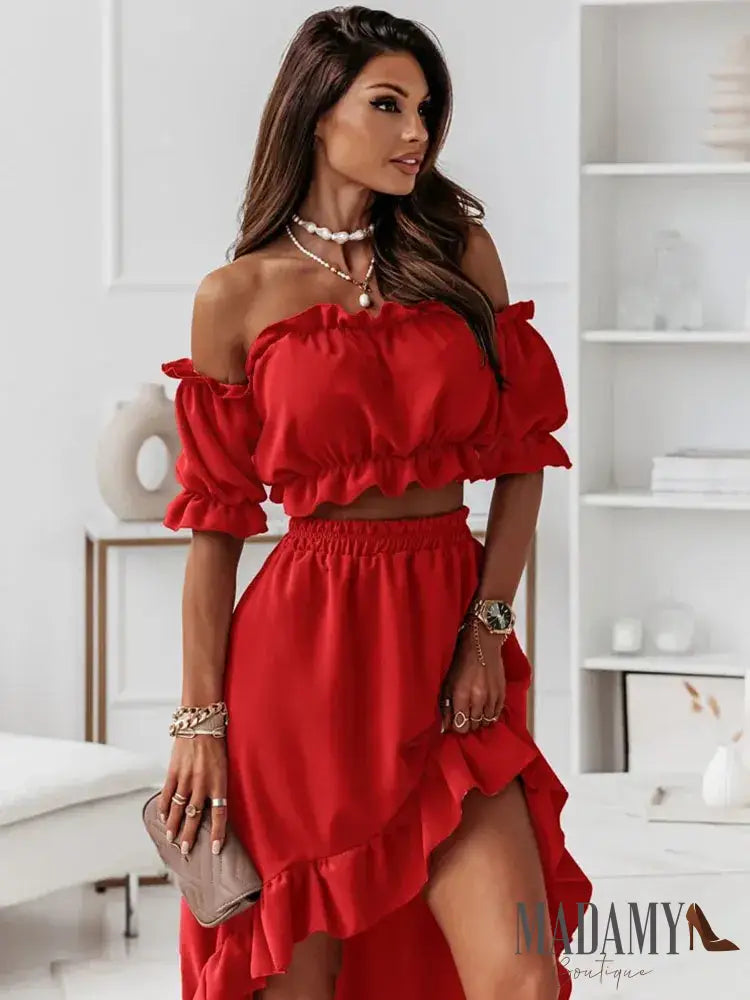Summer Solid Top Ruffles Dress 2 Piece Set Women Fashion Slash Neck Sets Casual Elegant Holiday