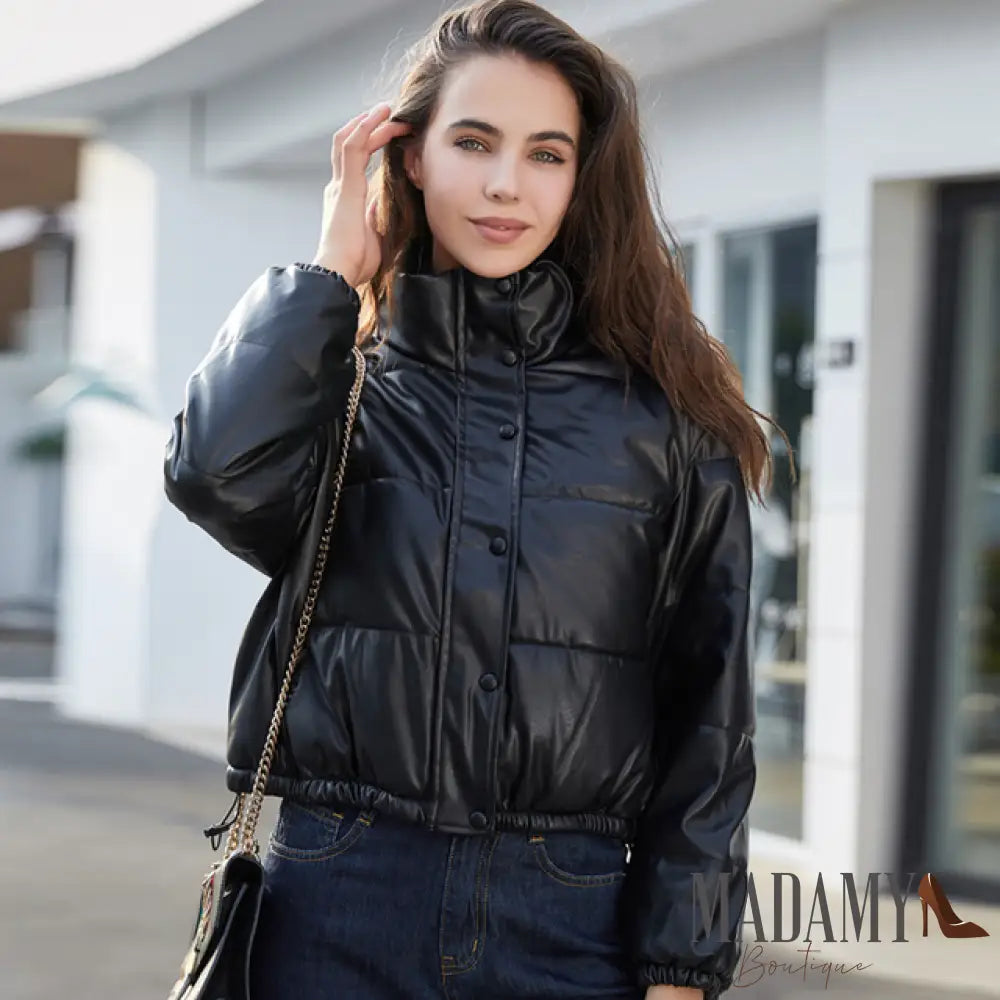 Jaqueta De Couro Puffer Preto / P