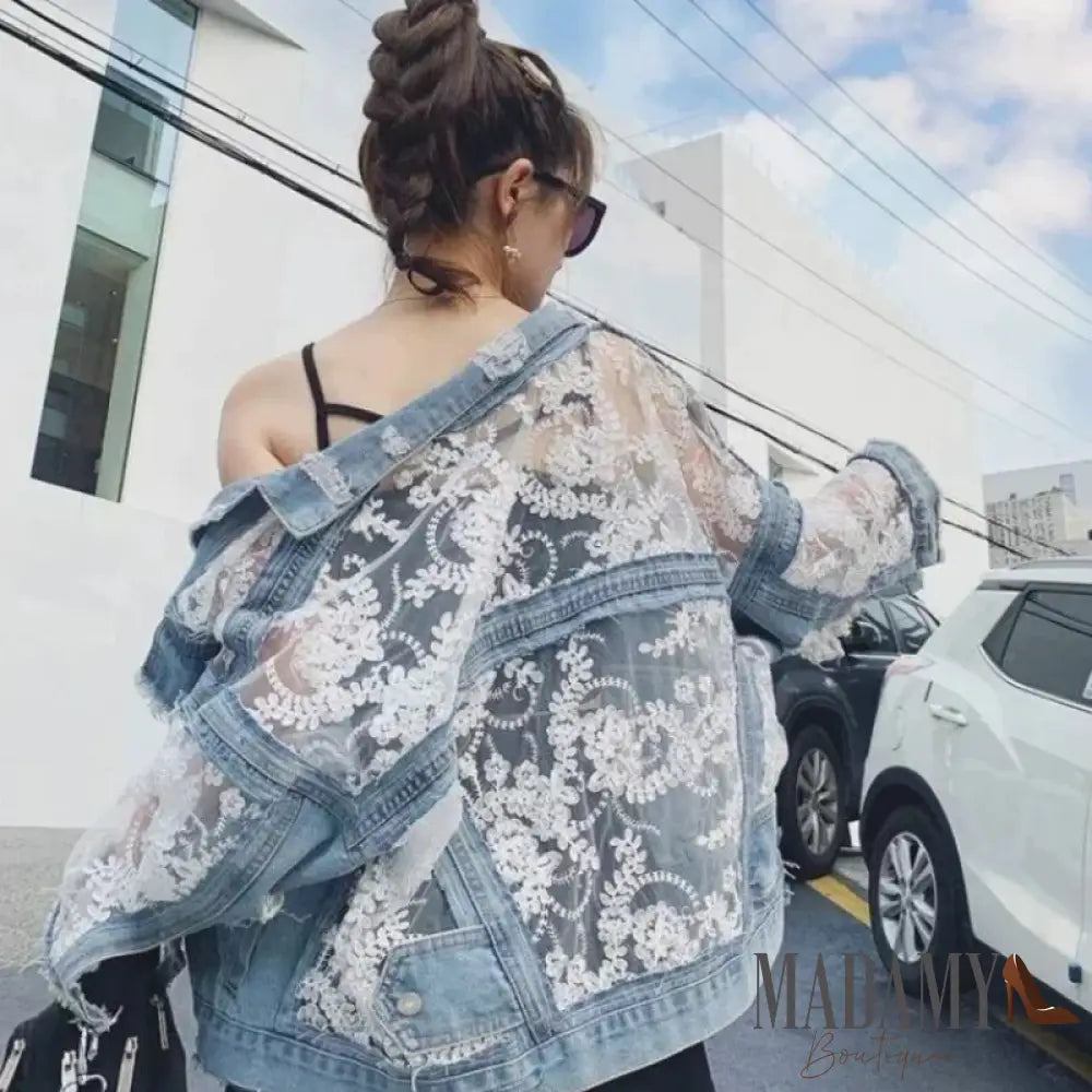 Autumn Streetwear Fashion Embroidery Lace Patchwork Sexy Denim Jacket Womens Wear Tassel Loose