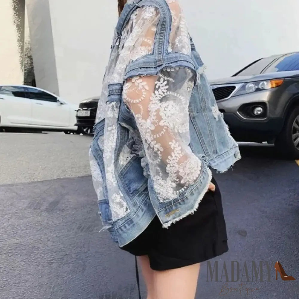 Autumn Streetwear Fashion Embroidery Lace Patchwork Sexy Denim Jacket Womens Wear Tassel Loose