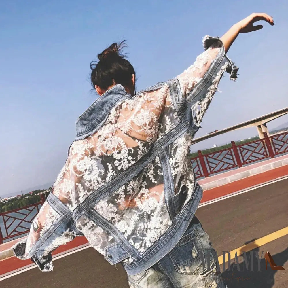 Autumn Streetwear Fashion Embroidery Lace Patchwork Sexy Denim Jacket Womens Wear Tassel Loose