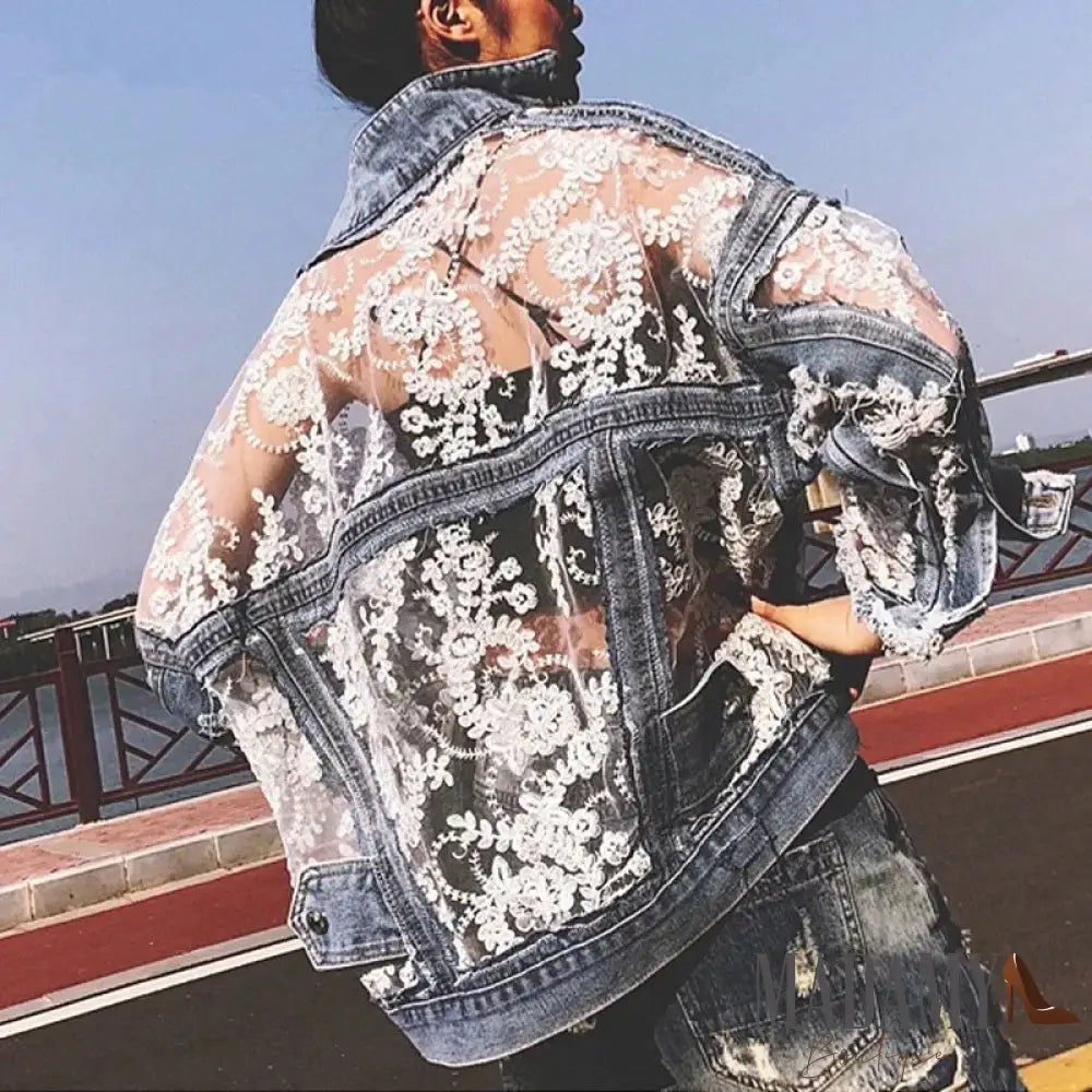 Autumn Streetwear Fashion Embroidery Lace Patchwork Sexy Denim Jacket Womens Wear Tassel Loose