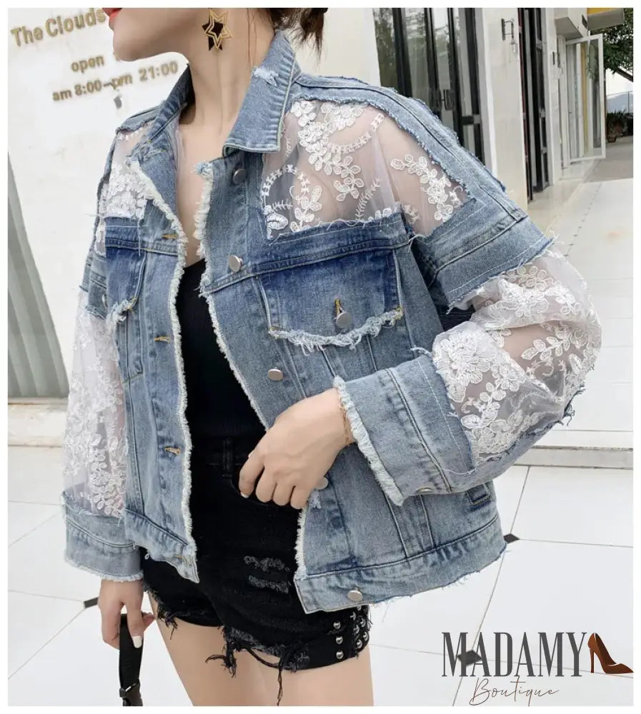 Autumn Streetwear Fashion Embroidery Lace Patchwork Sexy Denim Jacket Womens Wear Tassel Loose