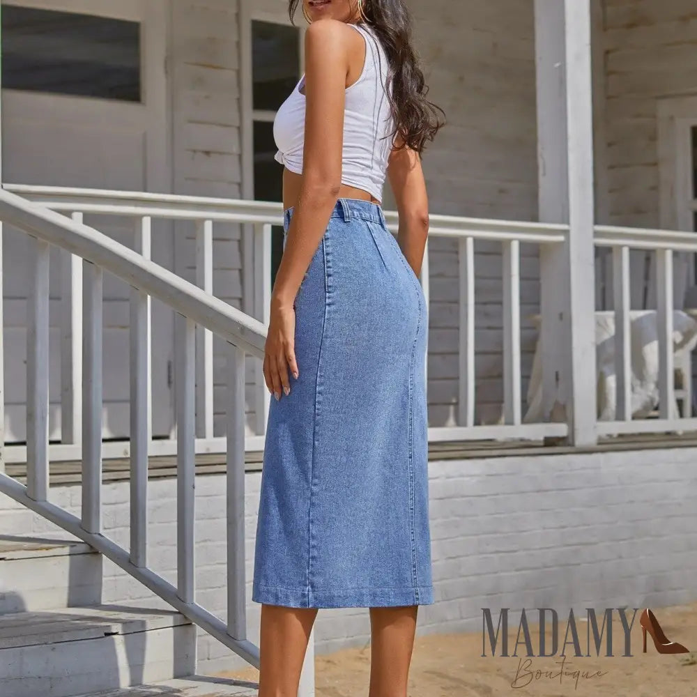 Saia Jeans Madamy Midi Com Abertura Lateral Odette