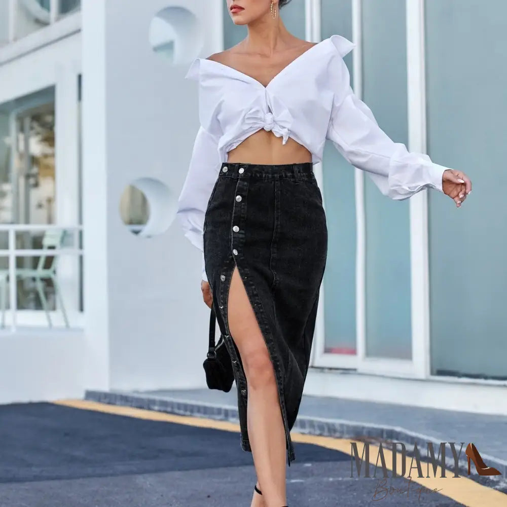 Saia Jeans Madamy Midi Com Abertura Lateral Odette
