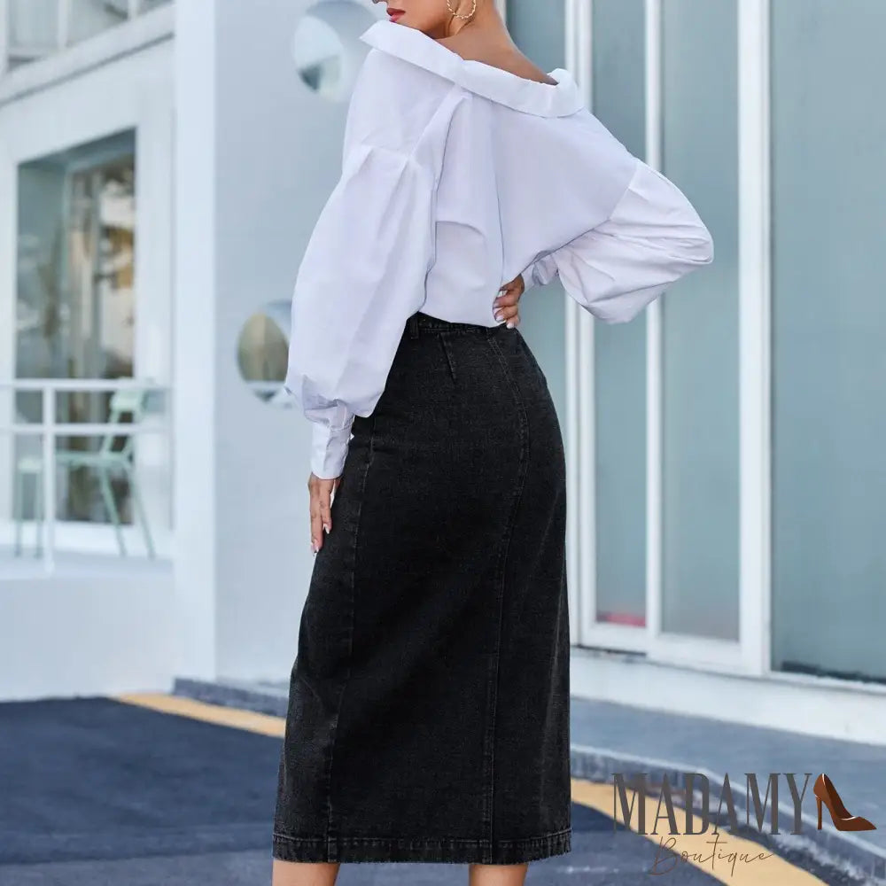 Saia Jeans Madamy Midi Com Abertura Lateral Odette