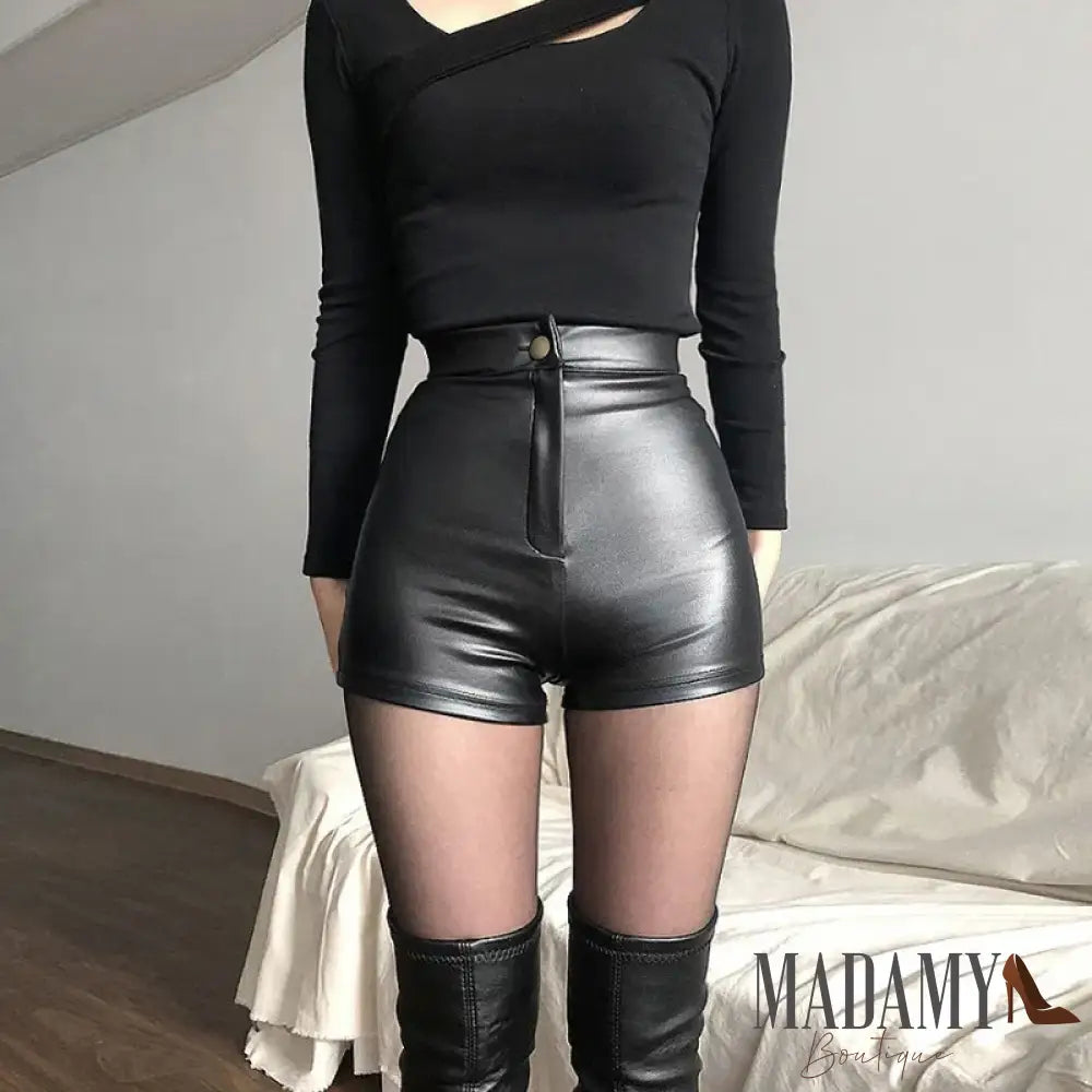 Sexy Black Pu Fashion Casual Summer Shorts Women Clothing Faux Leather Goth High Waisted Womens Y2K