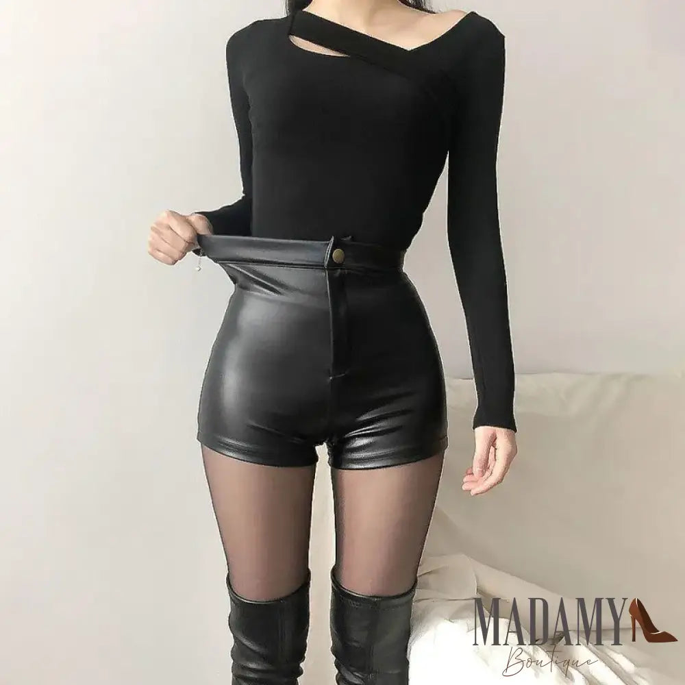 Sexy Black Pu Fashion Casual Summer Shorts Women Clothing Faux Leather Goth High Waisted Womens Y2K