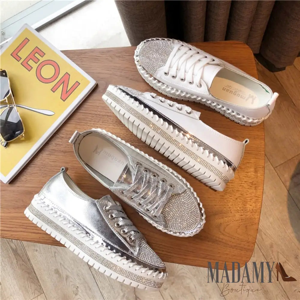 Women Crystal Shoes 2023 Spring Fashion Bing Lace Up Ladies Casual Comfortable Round Toe Platform