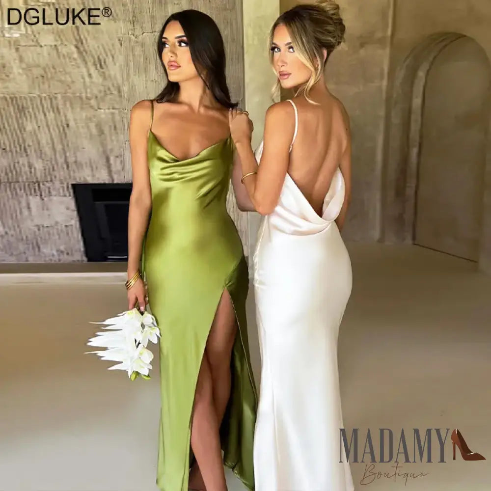 Spaghetti Strap White Long Satin Dress Elegant Party For Women 2023 Summer High Slit Backless Formal