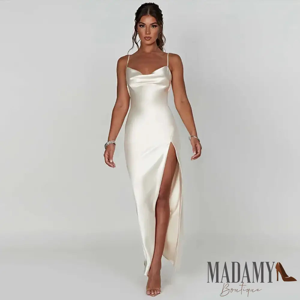 Spaghetti Strap White Long Satin Dress Elegant Party For Women 2023 Summer High Slit Backless Formal