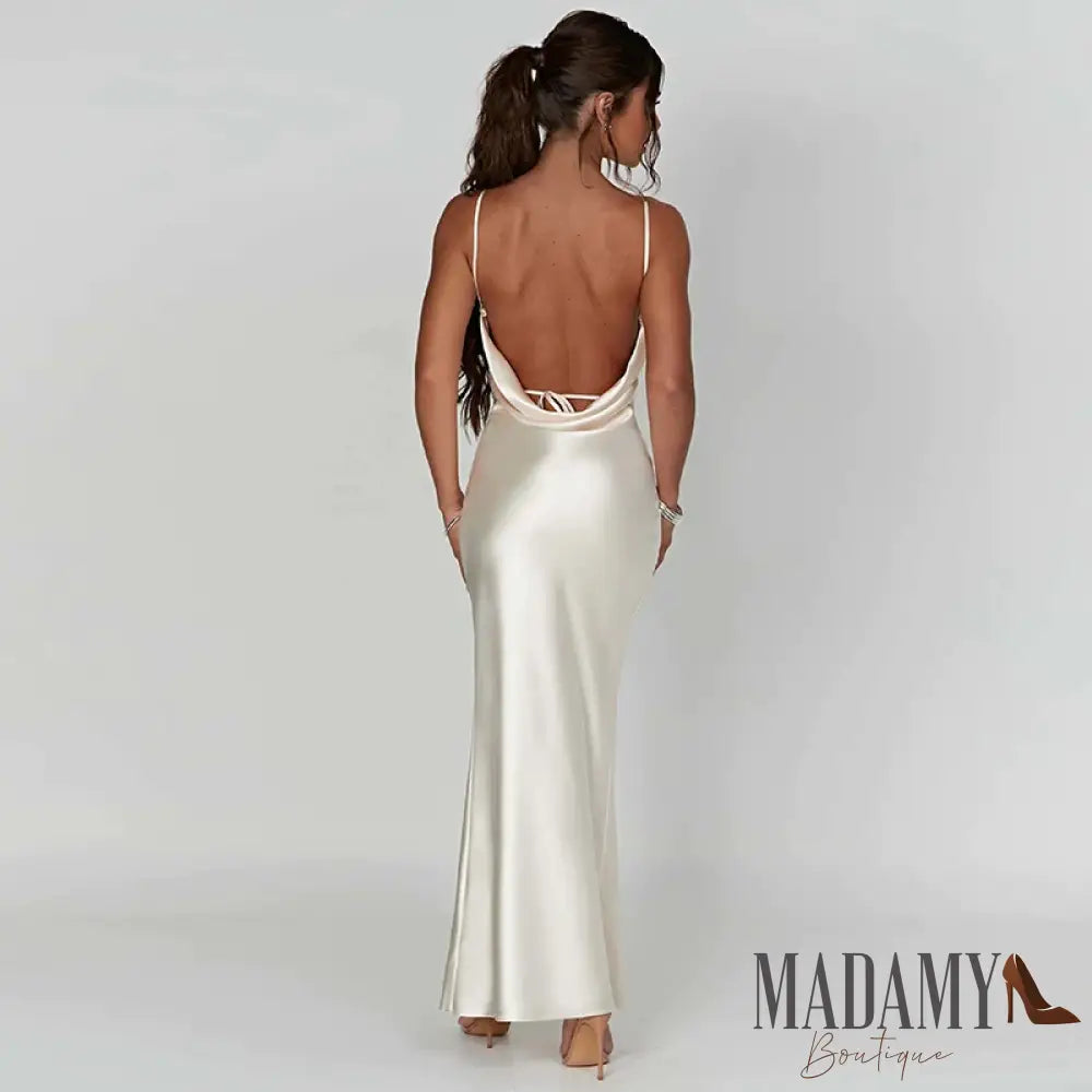 Spaghetti Strap White Long Satin Dress Elegant Party For Women 2023 Summer High Slit Backless Formal
