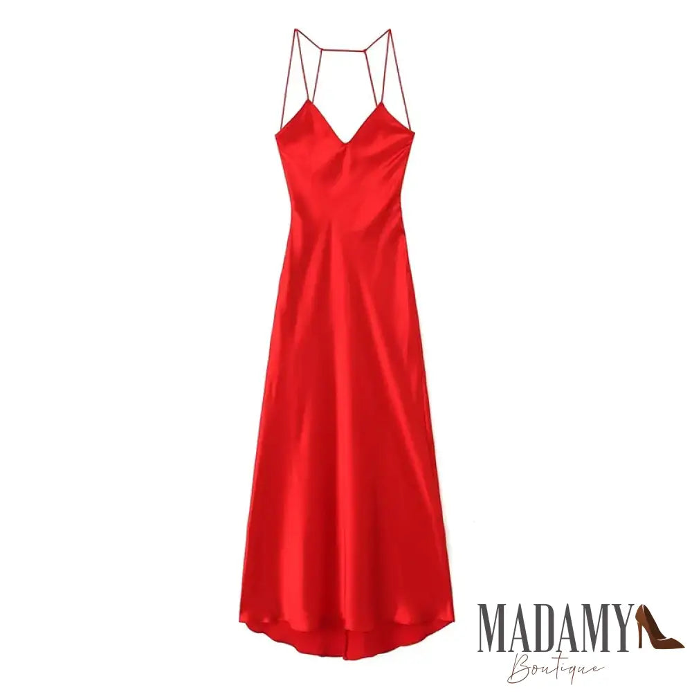 Yenkye Women Sexy Backless Satin Red Sling Long Dress Christmas Party Vestidos