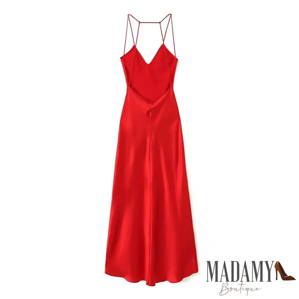 Yenkye Women Sexy Backless Satin Red Sling Long Dress Christmas Party Vestidos