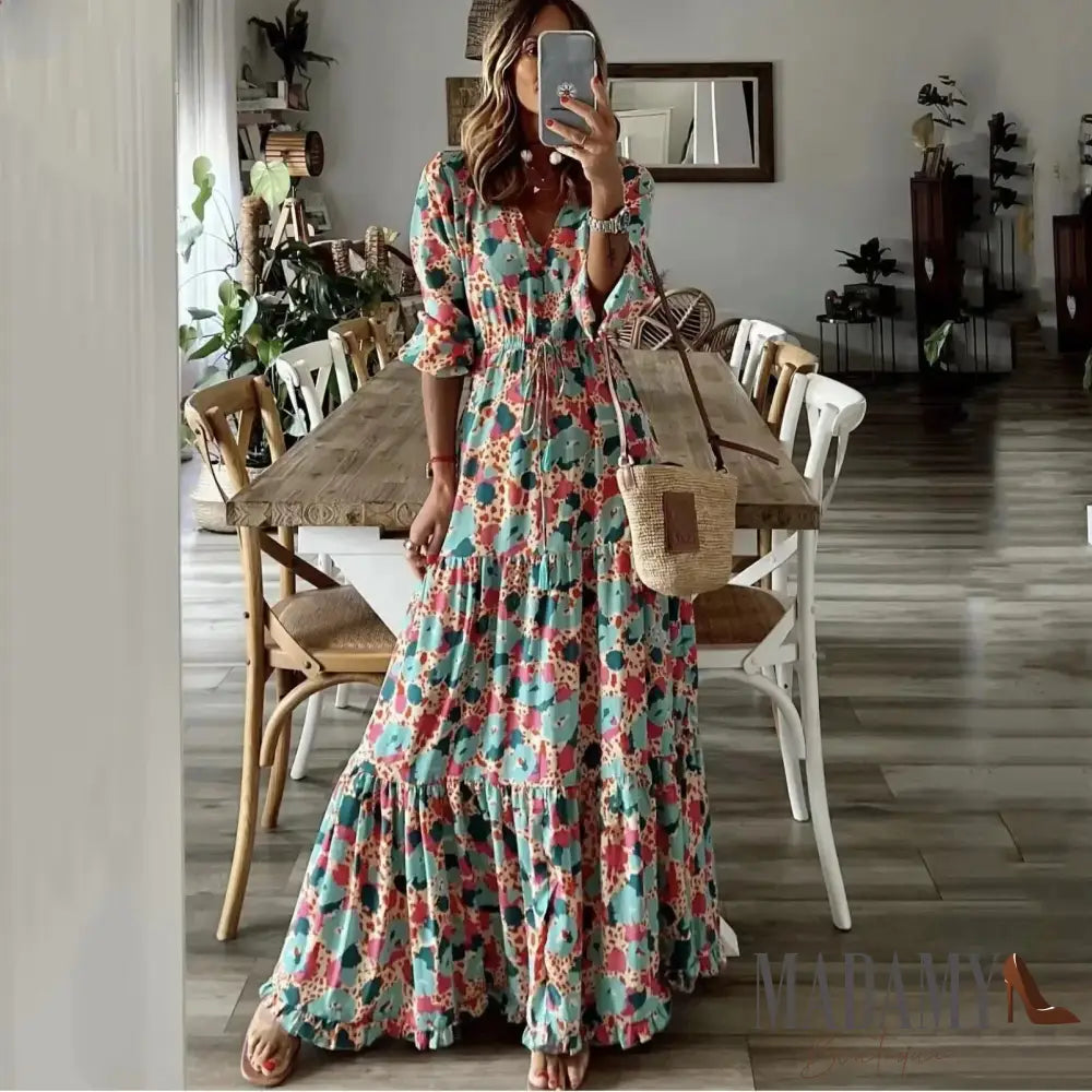 Elegant Women’s V - Neck Printed Maxi Dress Summer Fashion Casual Loose Fit Vacation Style Long