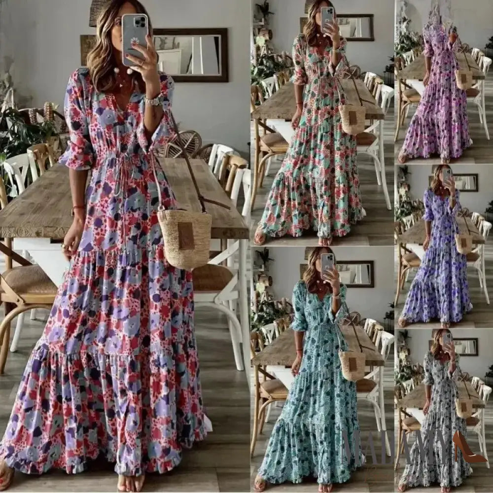 Elegant Women’s V - Neck Printed Maxi Dress Summer Fashion Casual Loose Fit Vacation Style Long
